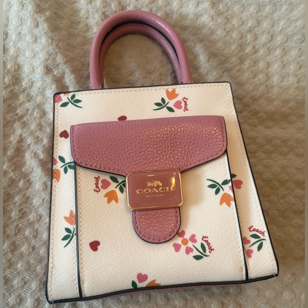 Coach Mini Pepper Heart Petal Print Pink and White Crossbody Bag
